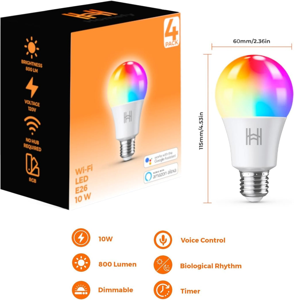 Homefy Smart Light Bulbs 4-Pack WiFi LED RGB Color Changing 800LM No Hub