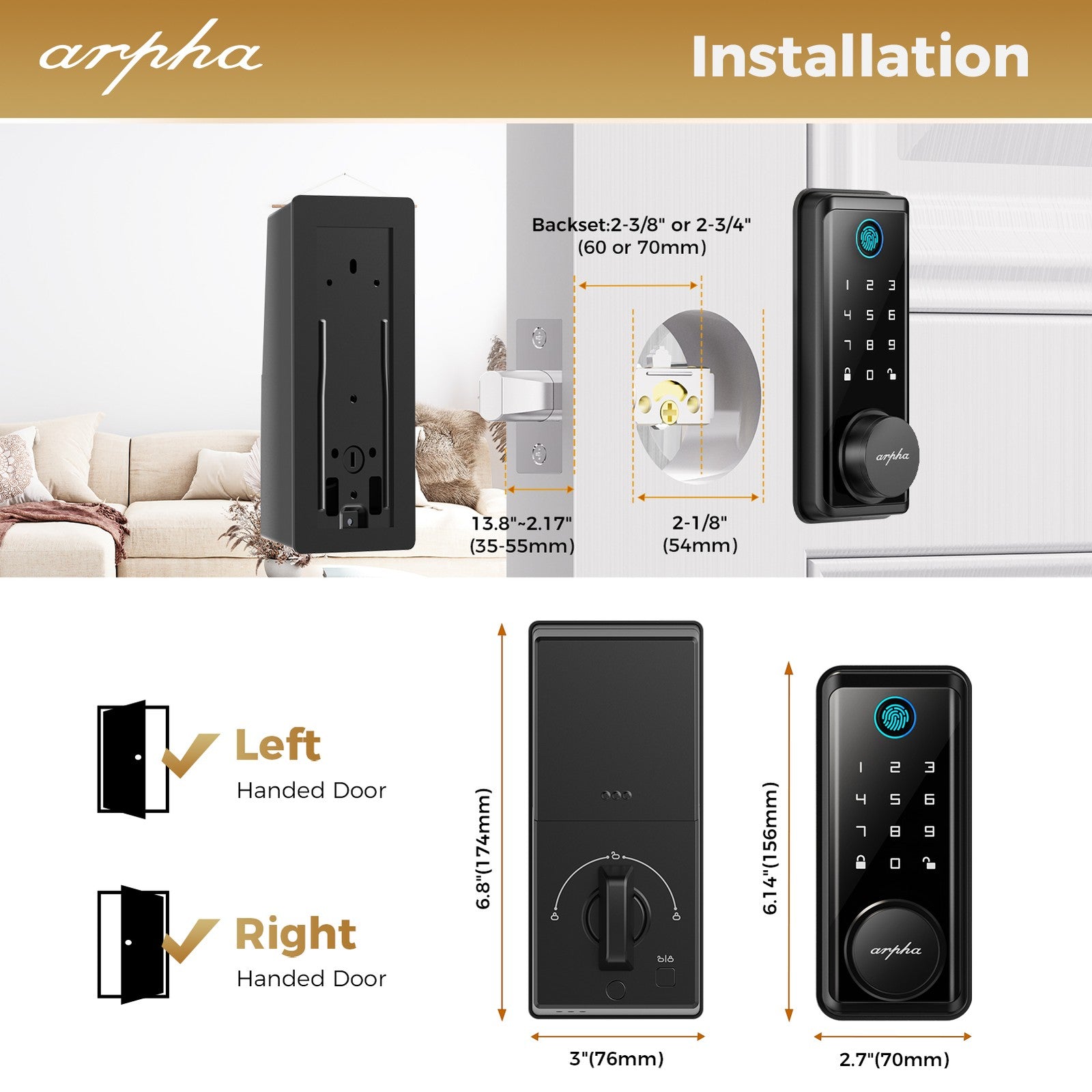 ARPHA Smart Door Lock Fingerprint Electronic Keypad Deadbolt App Keyless Entry
